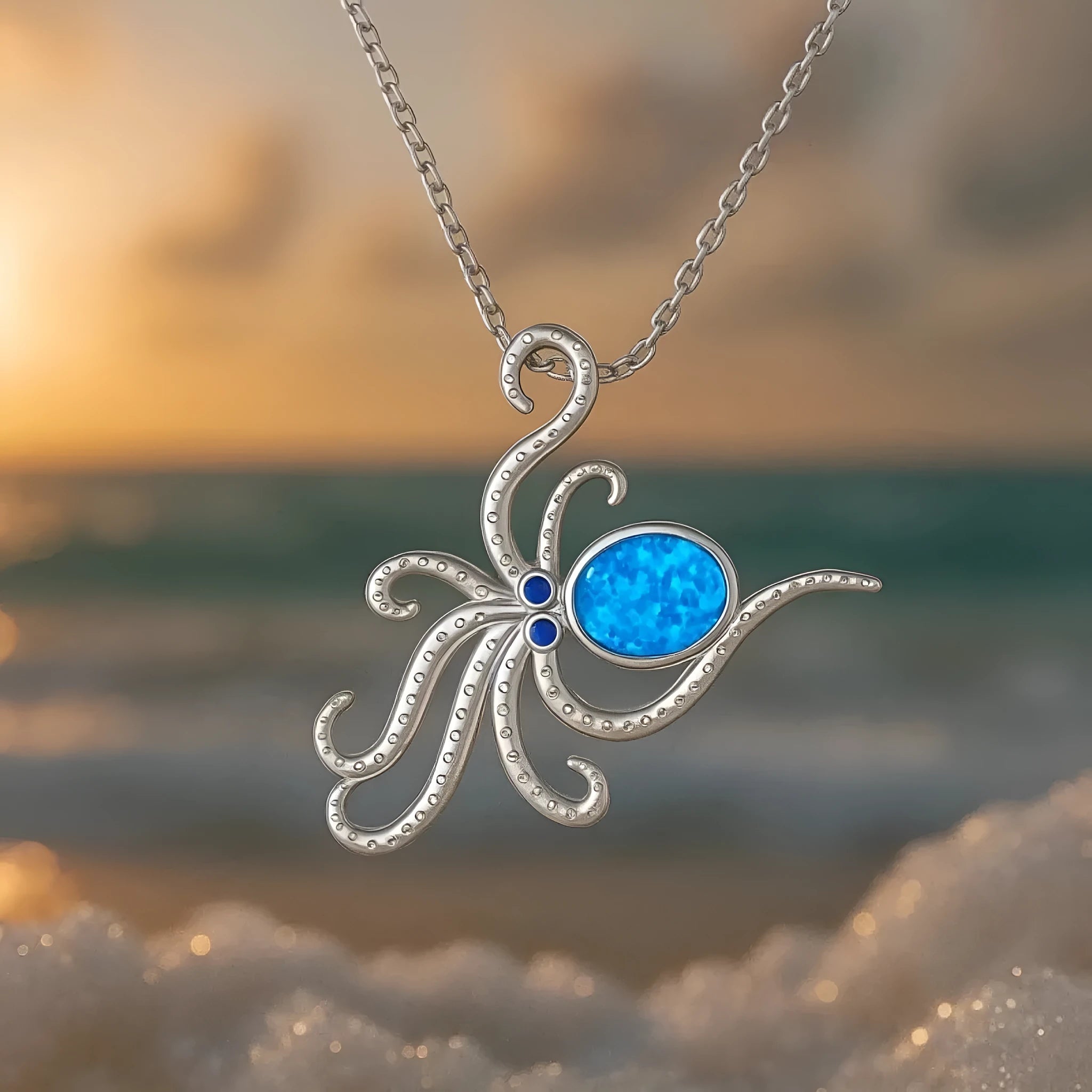 Silver geometric octopus necklace with opal inlay on stainless steel box chain