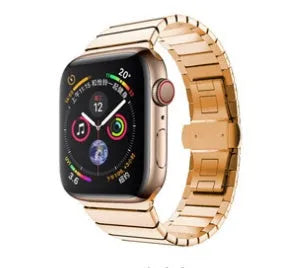 Stainless steel metal chain Apple Watch strap with butterfly buckle in silver, black, blue, gold, or rose gold.