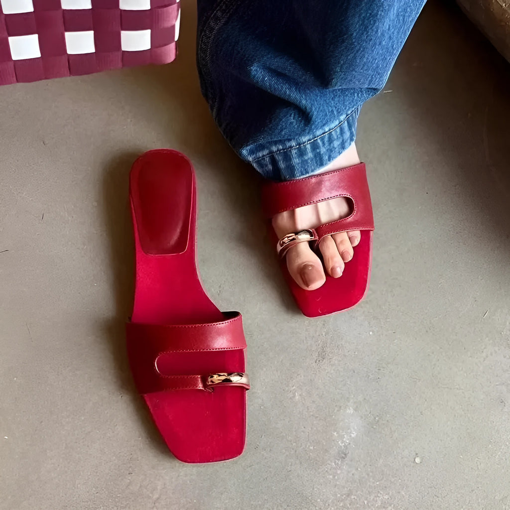Leather square-head outdoor slippers with rubber sole in black, shown in sizes 35-42.