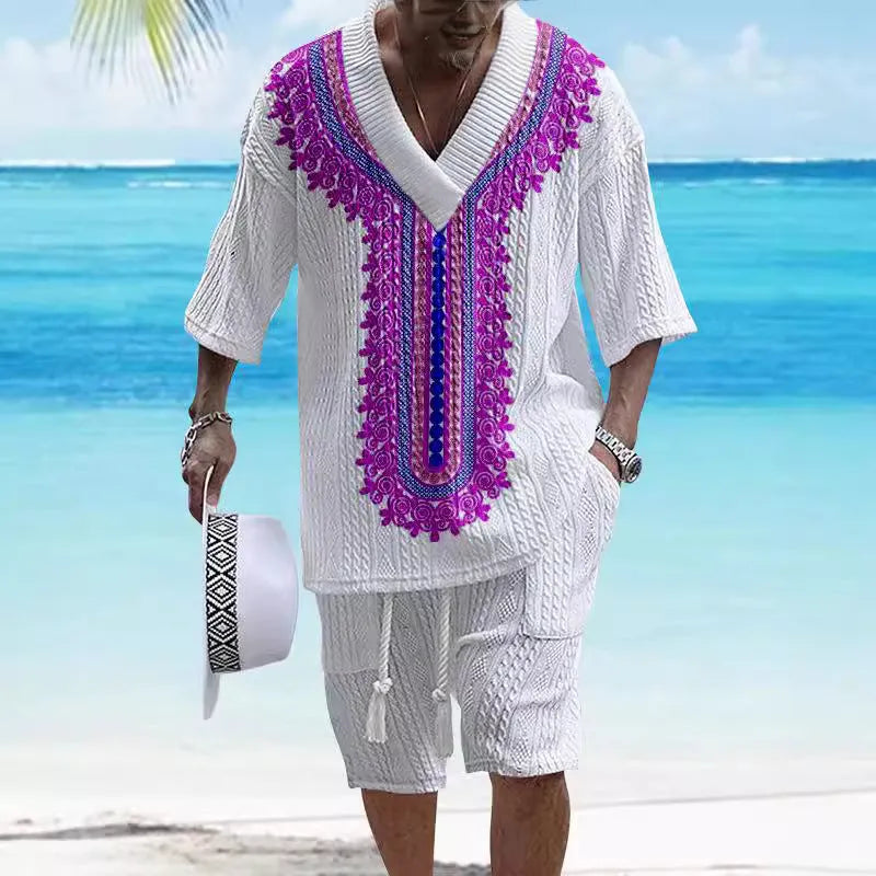 Men's printed drop shoulder knitted shorts suit in chemical fibre blend fabric