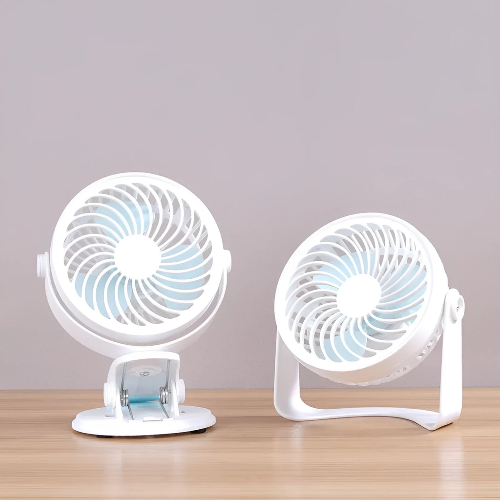Small white USB desk fan with three blades, shown both clipped to a surface and standing on a desk.