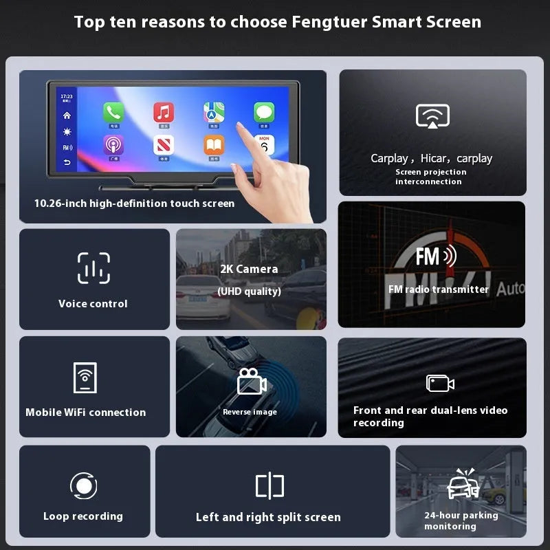 10-inch car smart screen with CarPlay, navigation, and driving recorder functions on touch display