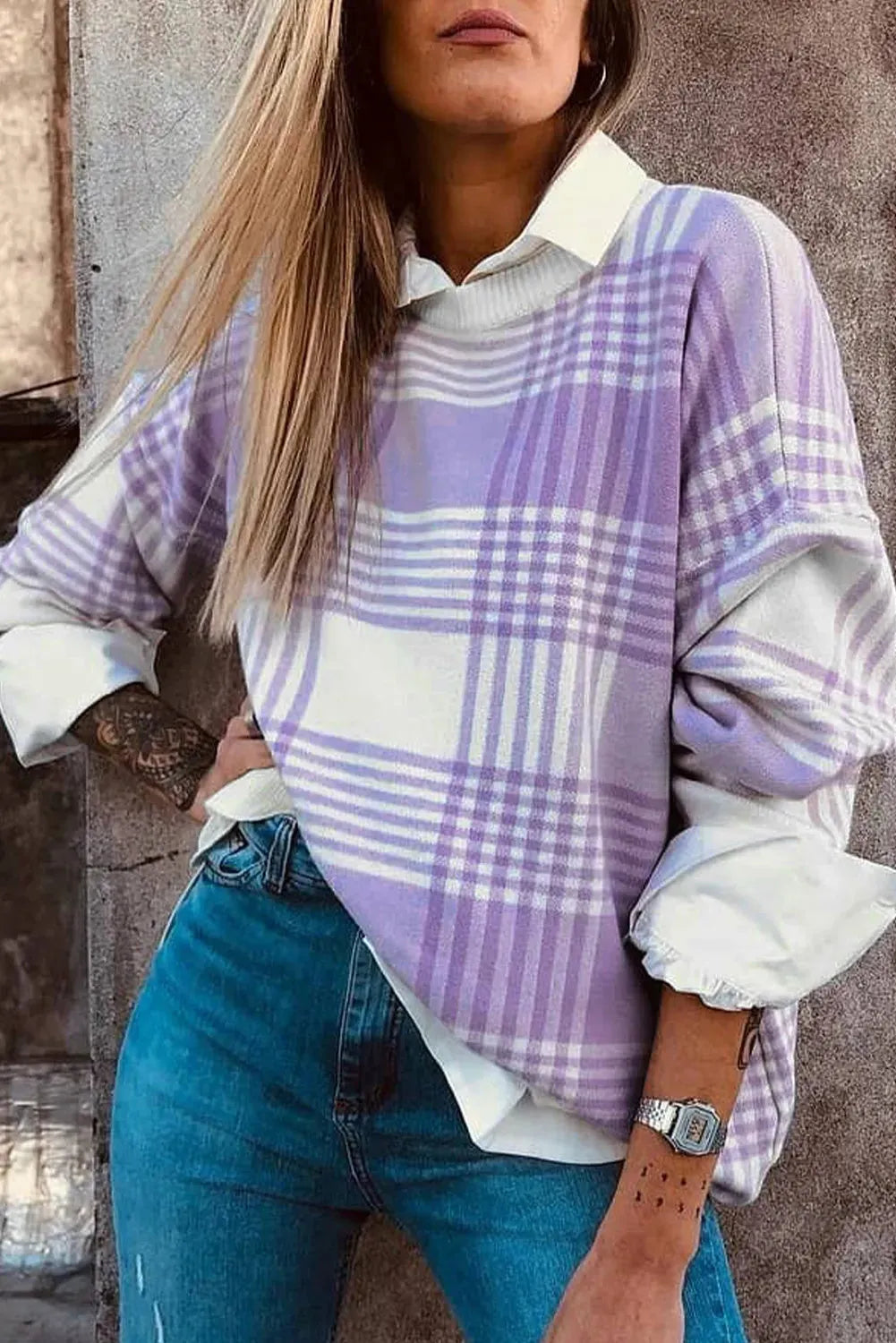 Lilac plaid print loose sweater with ribbed trim on cuffs and hem