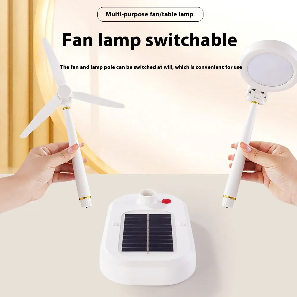 Ivory white solar-powered table fan with integrated LED desk lamp on a wooden table