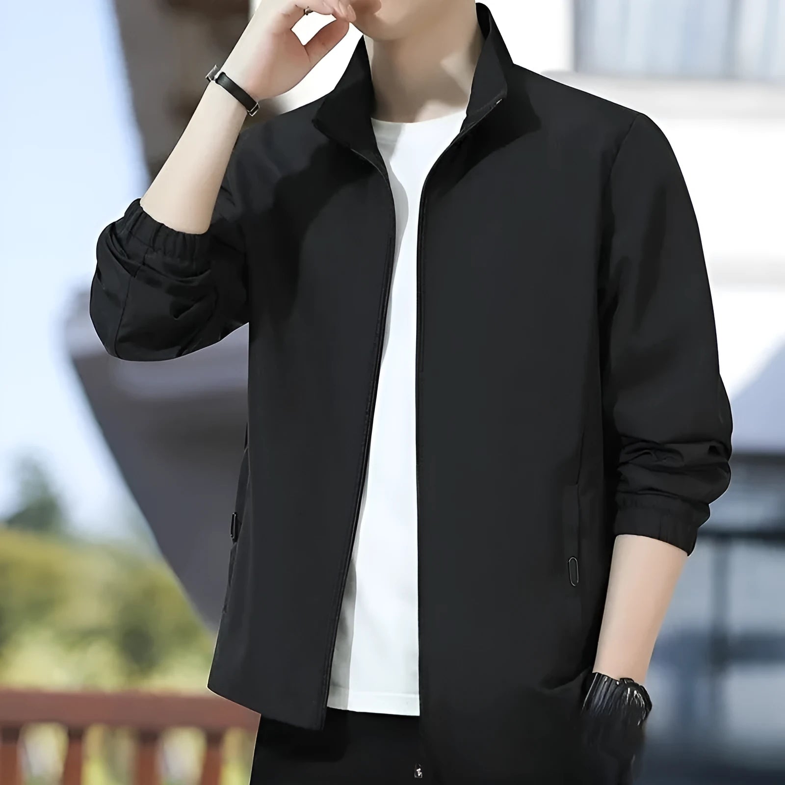 Korean style loose fit autumn jacket with lapel collar in lightweight polyester fabric