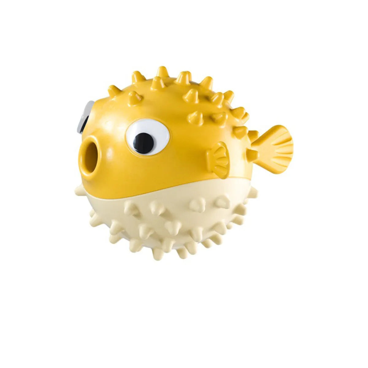 Yellow vinyl fish-shaped dog chew toy with textured surface for aggressive chewers