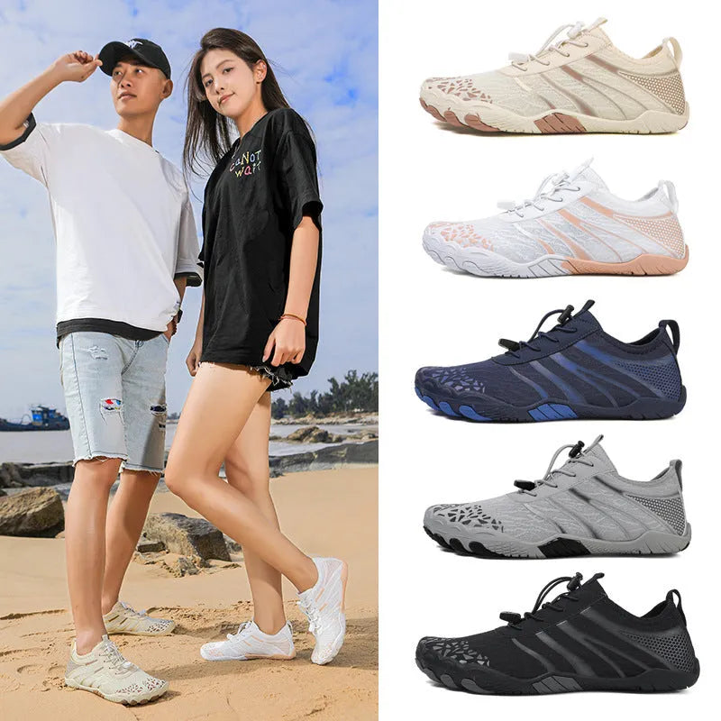 Casual unisex beach running shoes with stretch Lycra fabric uppers in beige, shown on a size label.