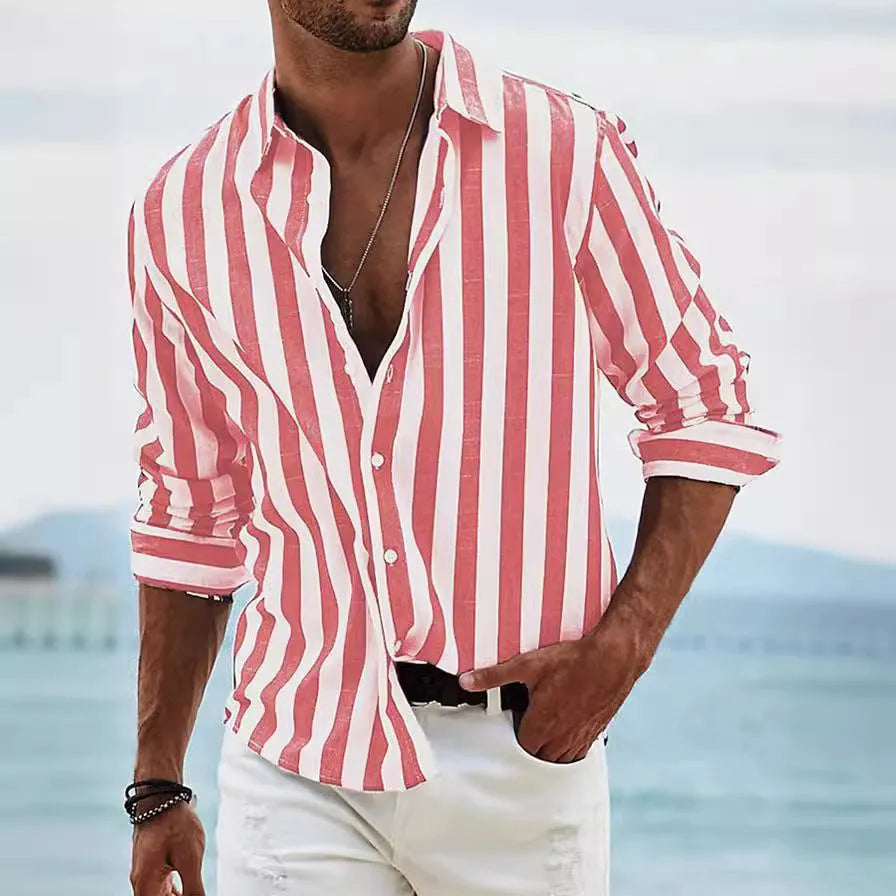Men's loose-fit striped casual long-sleeved shirt in British cardigan style, shown in a selection of colours.