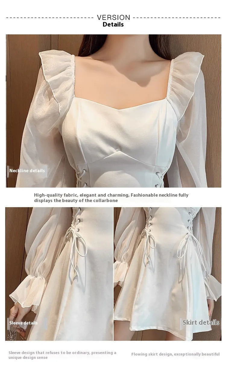 White long sleeve maxi dress with waist-slimming patchwork chiffon design