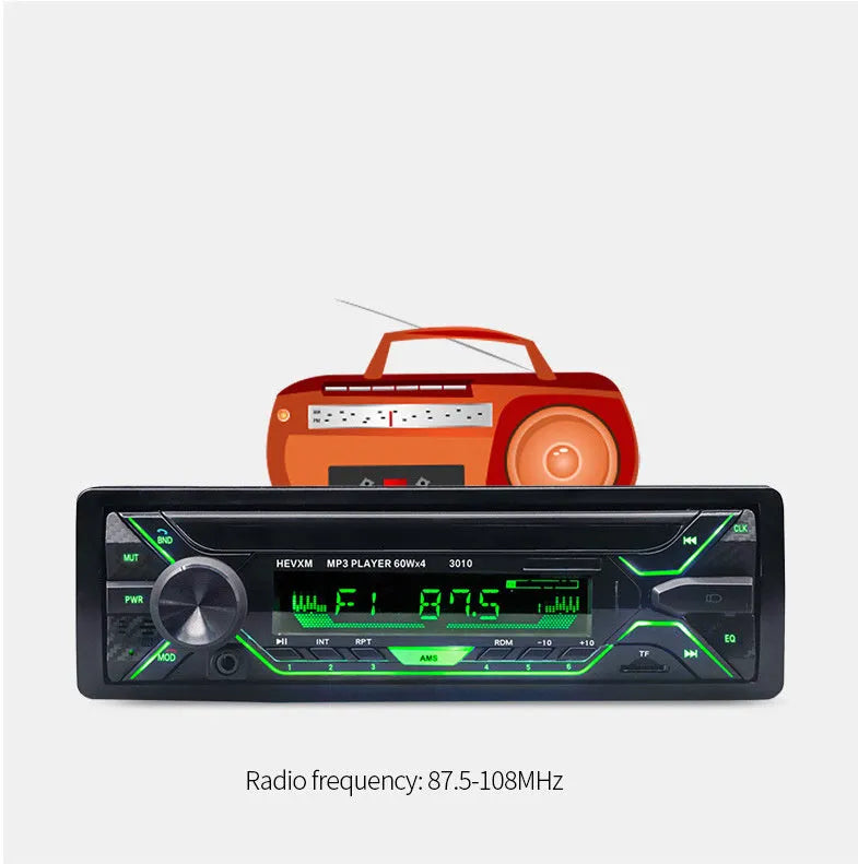 Car radio MP3 player unit with display, control buttons, USB port, and TF card slot