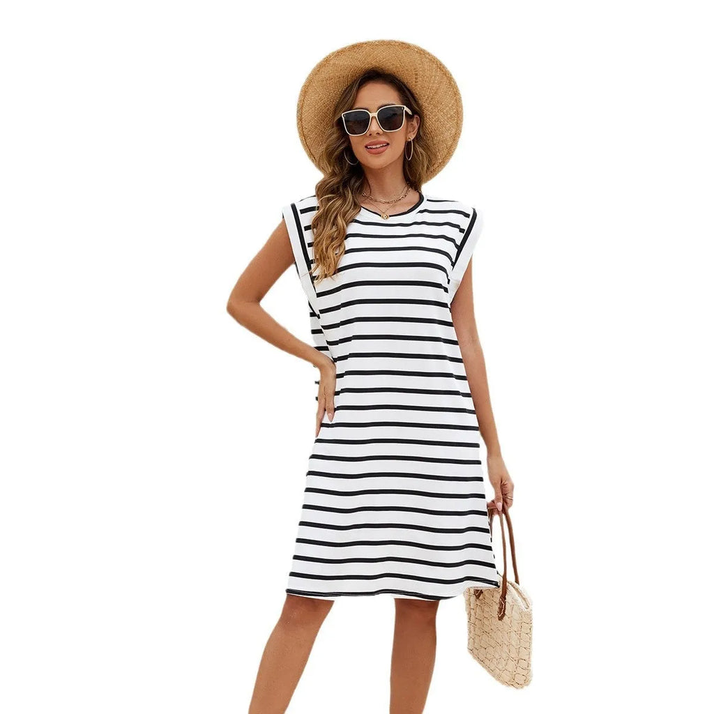 Women's black and white striped beach cover-up blouse made from polyester fabric