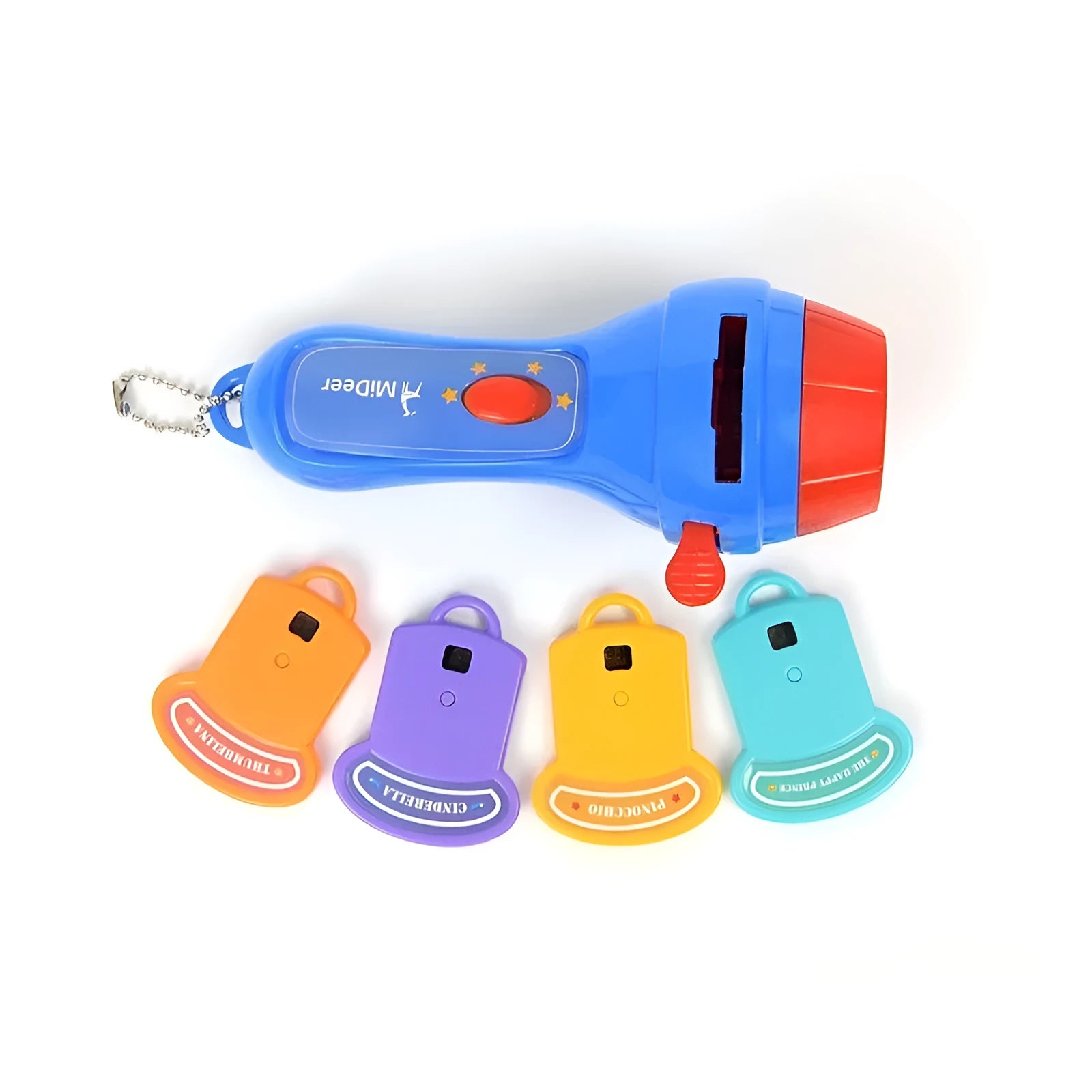 SmartKids children's story projector torch with four colourful projection discs on a white background.