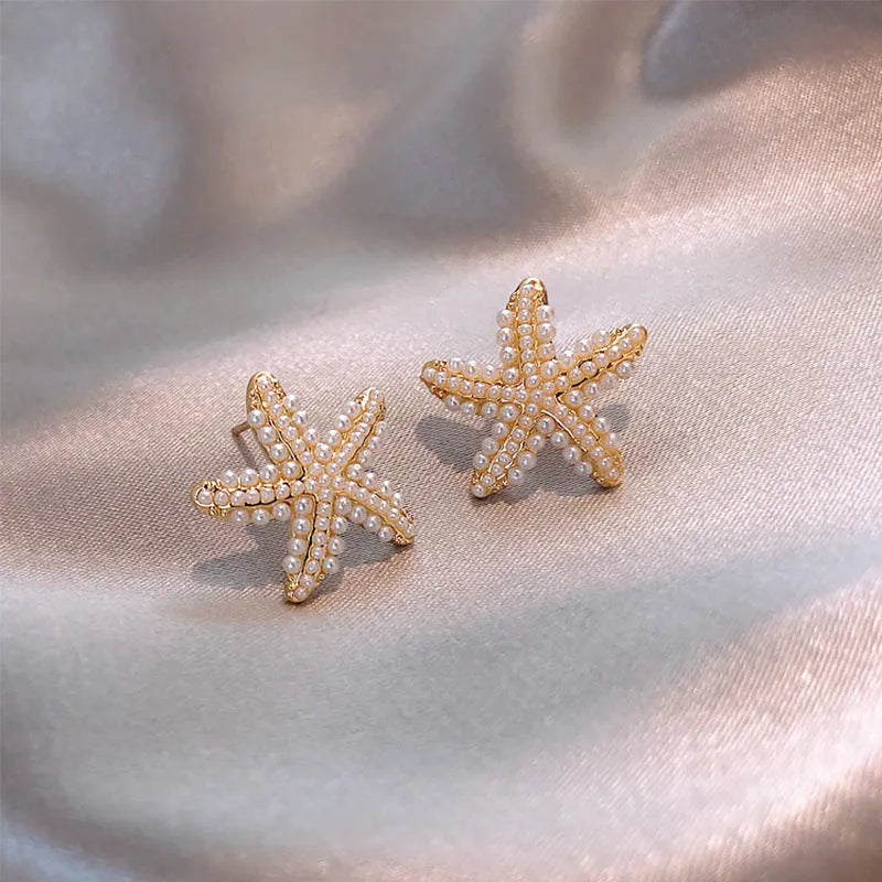 Korean-style pineapple starfish pearl earrings in alloy with electroplated metallic finishes