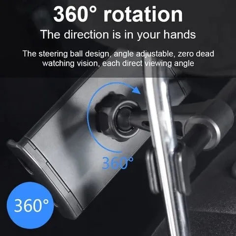 Black universal car phone holder attached to vehicle rear seat base with tablet mounted