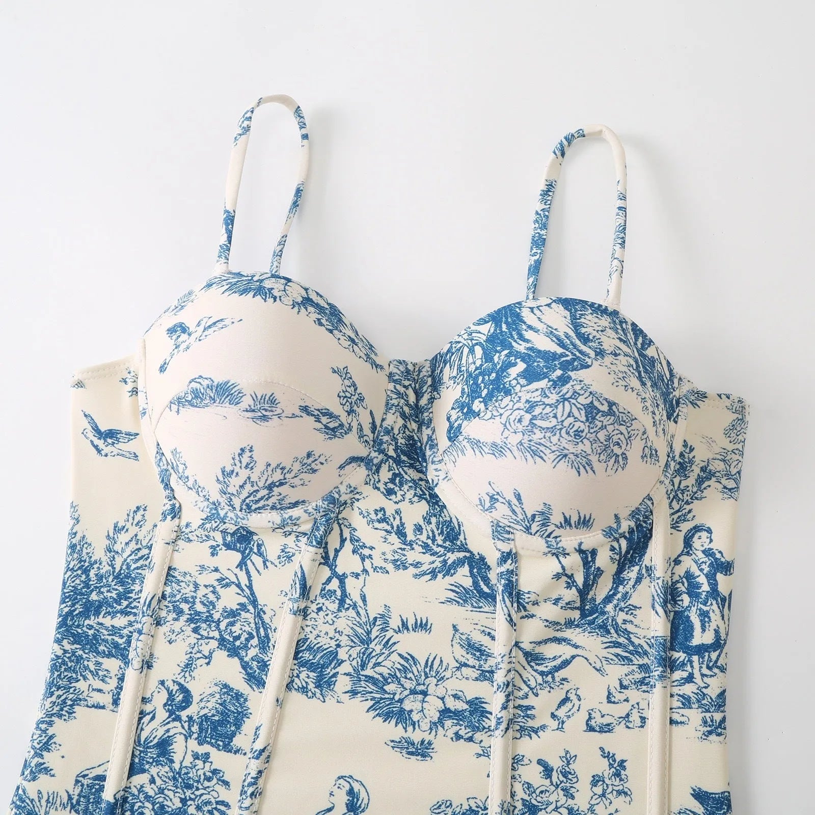 Blue patterned one-piece swimsuit for women with optional matching gauze skirt in polyester fabric