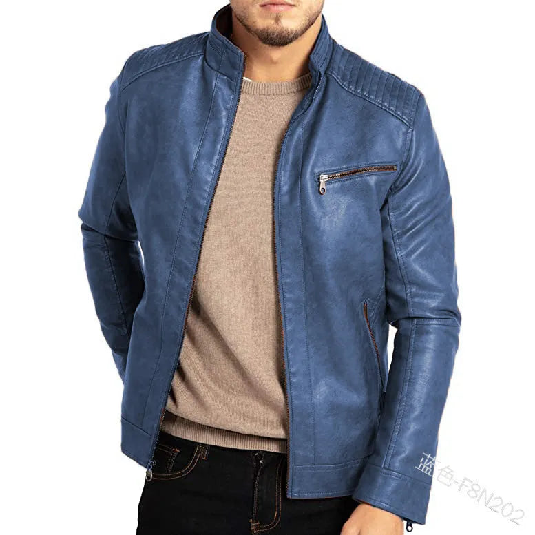 A brown men's punk-style artificial leather motorcycle jacket with a stand collar and patch pockets.