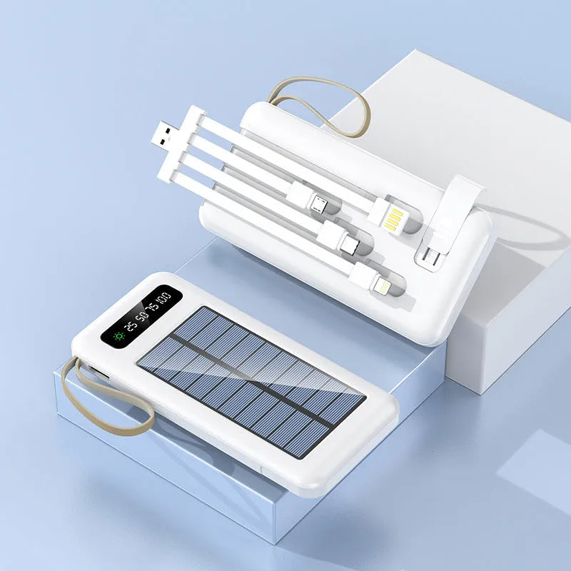 Solar power bank in black or white with 20000mA or 30000mA capacity measuring 144mm by 68mm