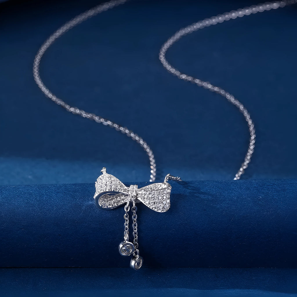 S925 sterling silver bow pendant necklace on adjustable 40-45cm O-ring chain