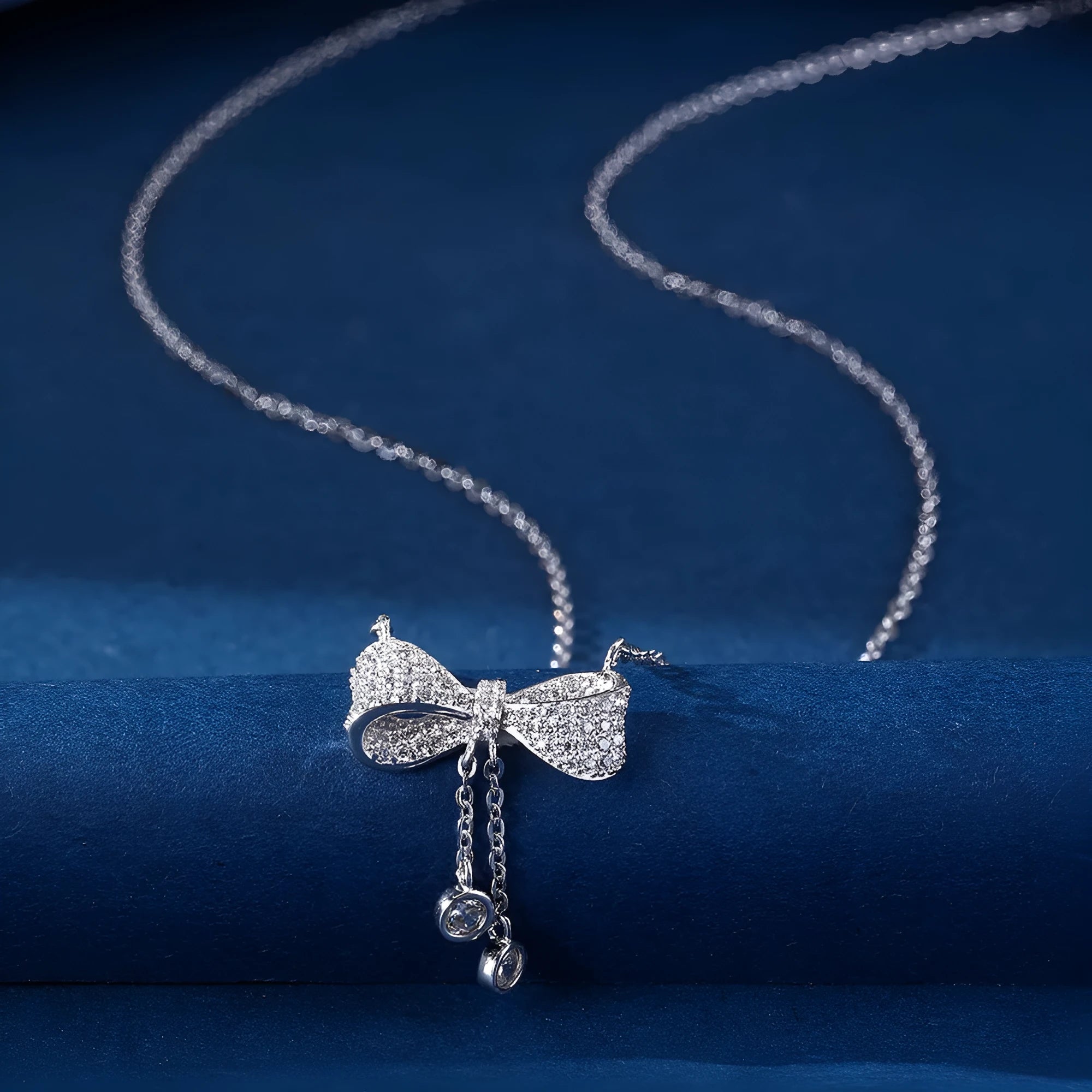 S925 sterling silver bow pendant necklace on adjustable 40-45cm O-ring chain