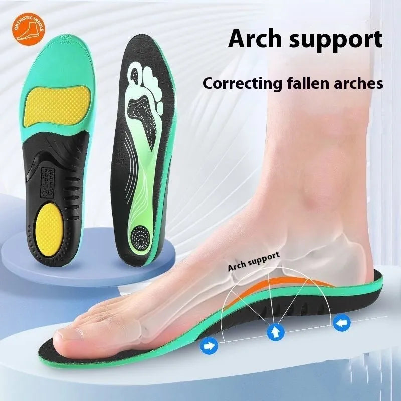 Blue and green flat foot correction insoles with raised arch support on a white background.