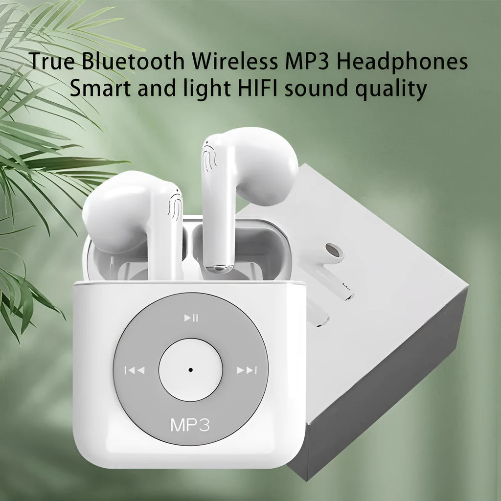 White wireless Bluetooth earphones with semi in-ear design and charging case