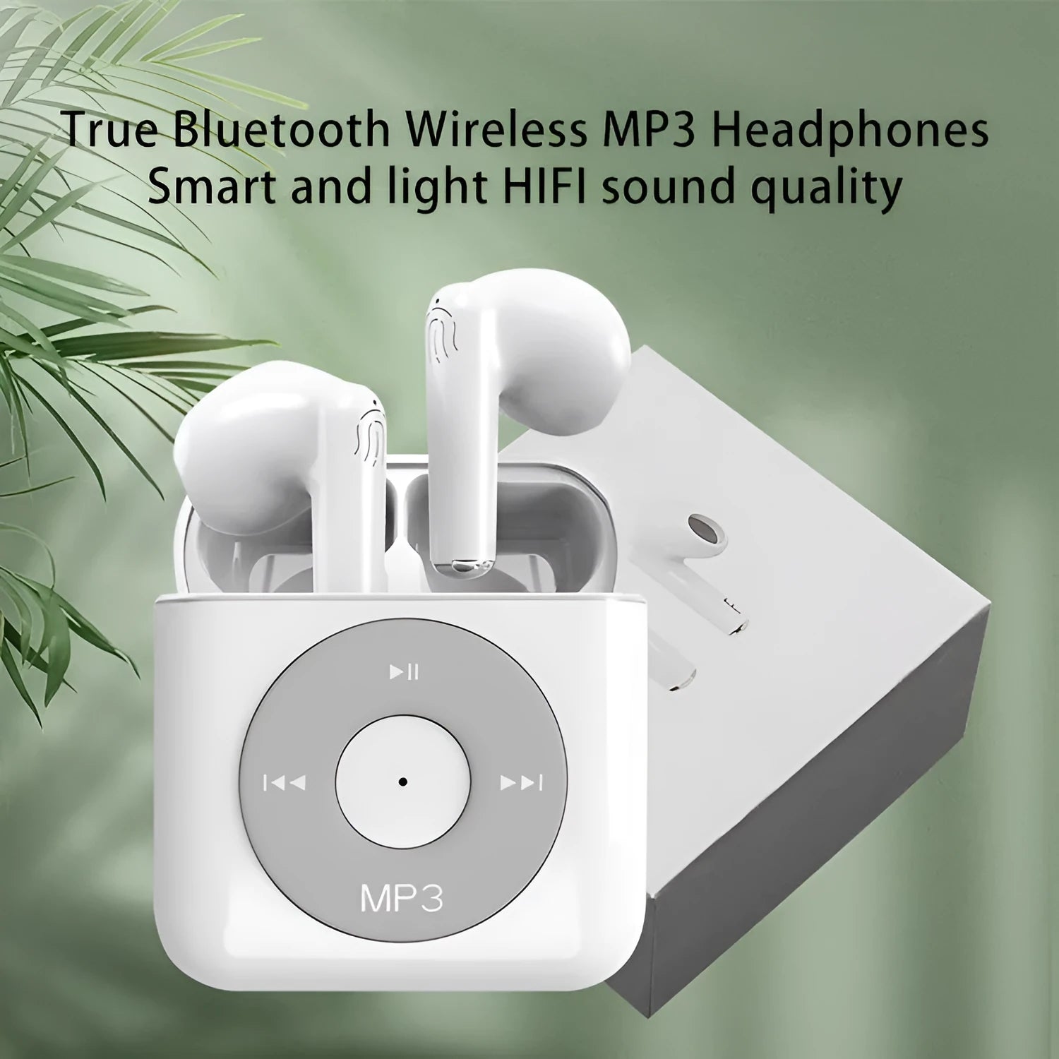 White wireless Bluetooth earphones with semi in-ear design and charging case