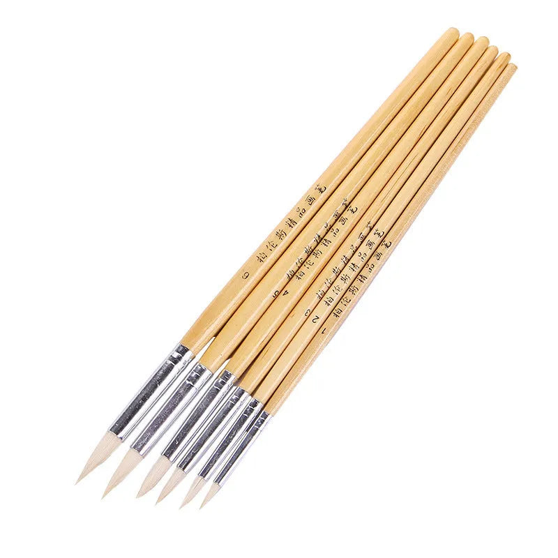 Six wooden handle wool pointed brushes for textile crafts in conventional colours