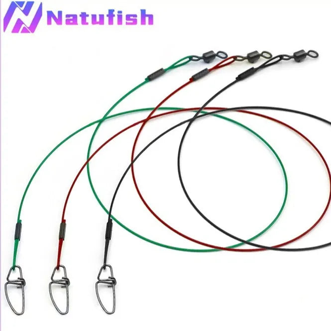 Set of 10 steel wire fishing leaders with double buckle pins in green, black, and red.