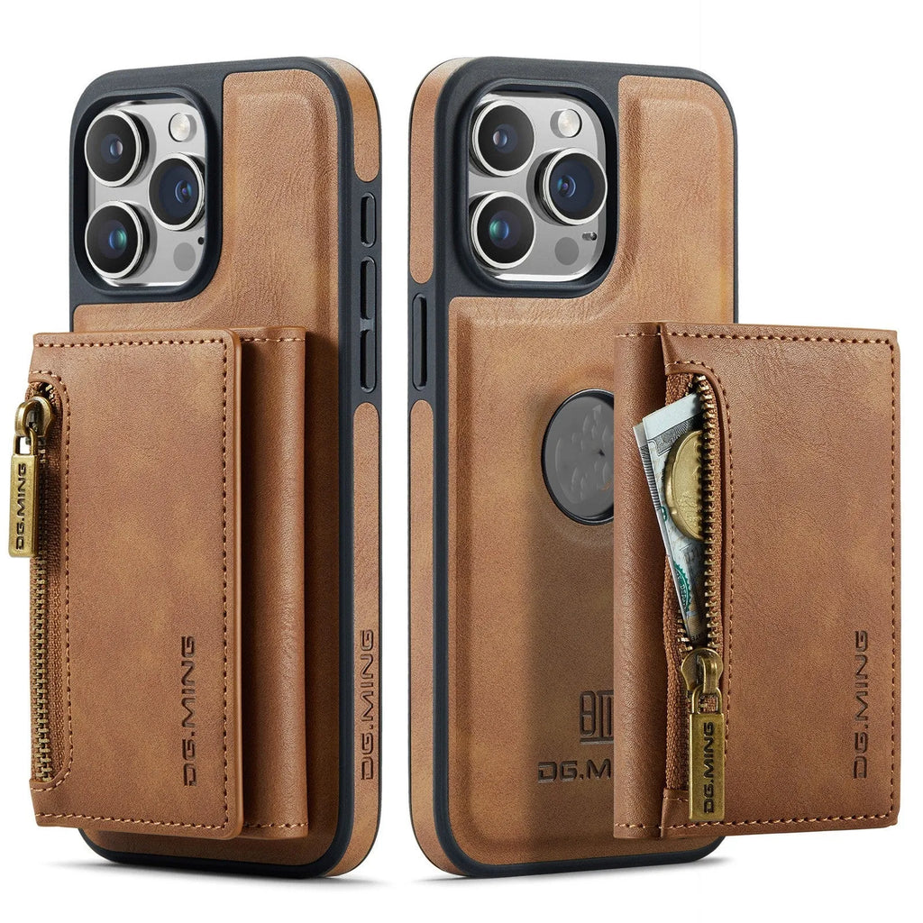 PU wireless charging phone case with magnetic card holder for Apple iPhone 11-15 series, retro style, M5 combination colour option