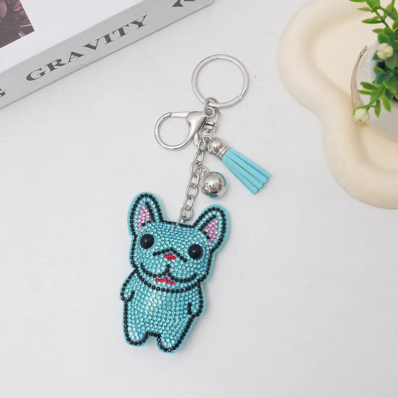 French dog cartoon rhinestone keychain with alloy tassel pendant measuring 5-7cm