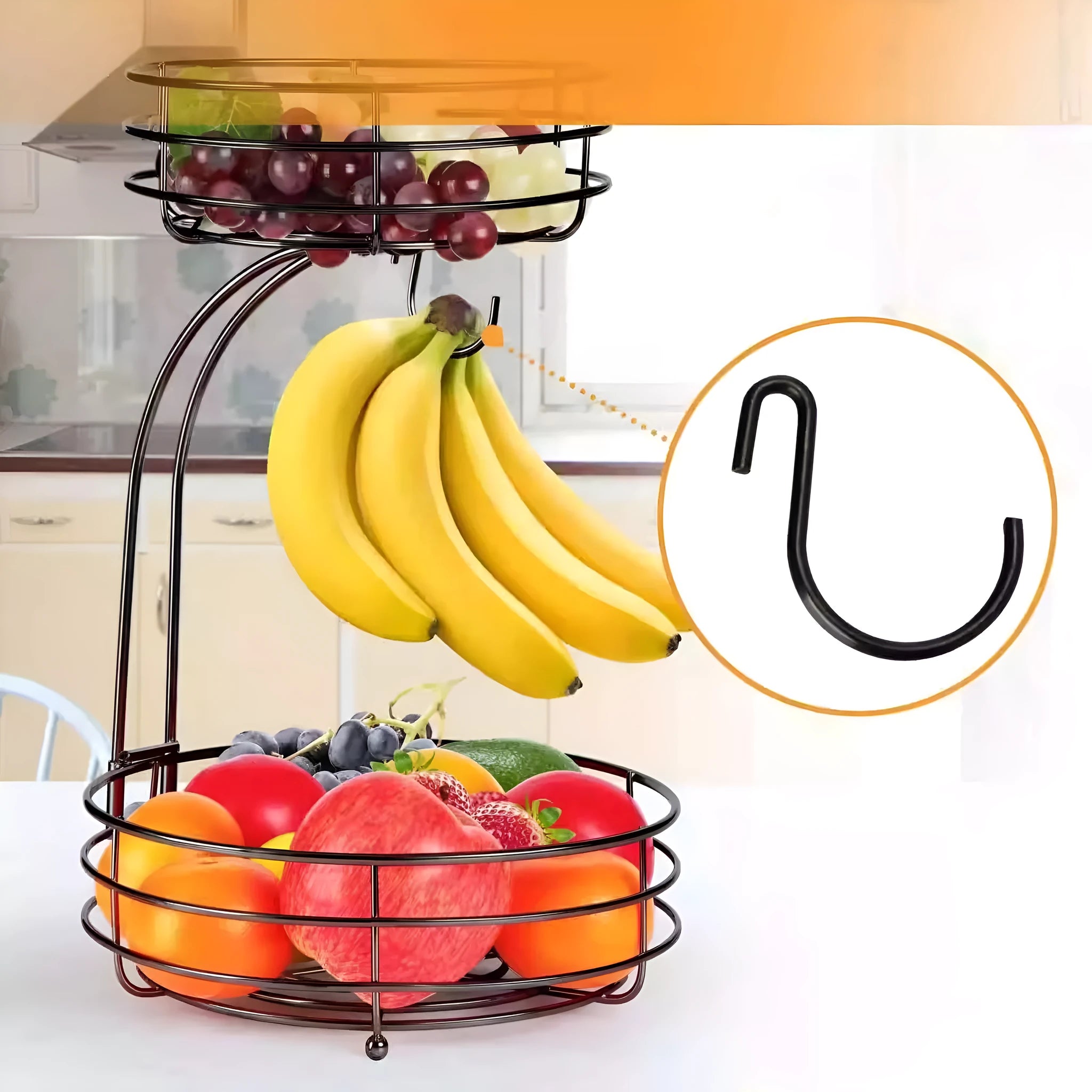 Double-layer wrought iron fruit basket in black or gold colour for kitchen storage