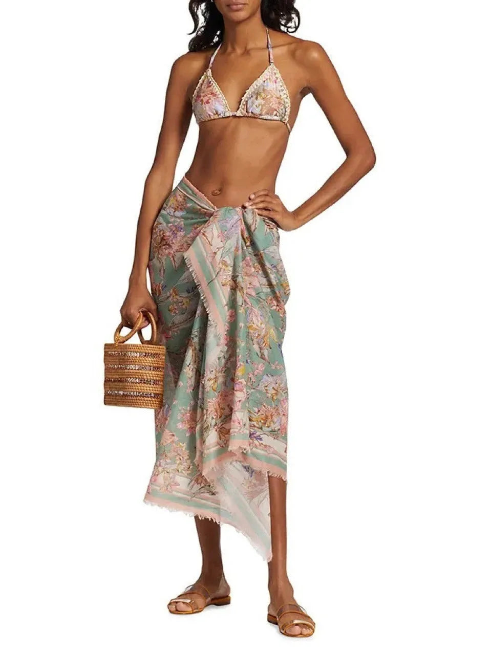 Women's floral print bikini set with skirt cover-up in creamy-white beige colour