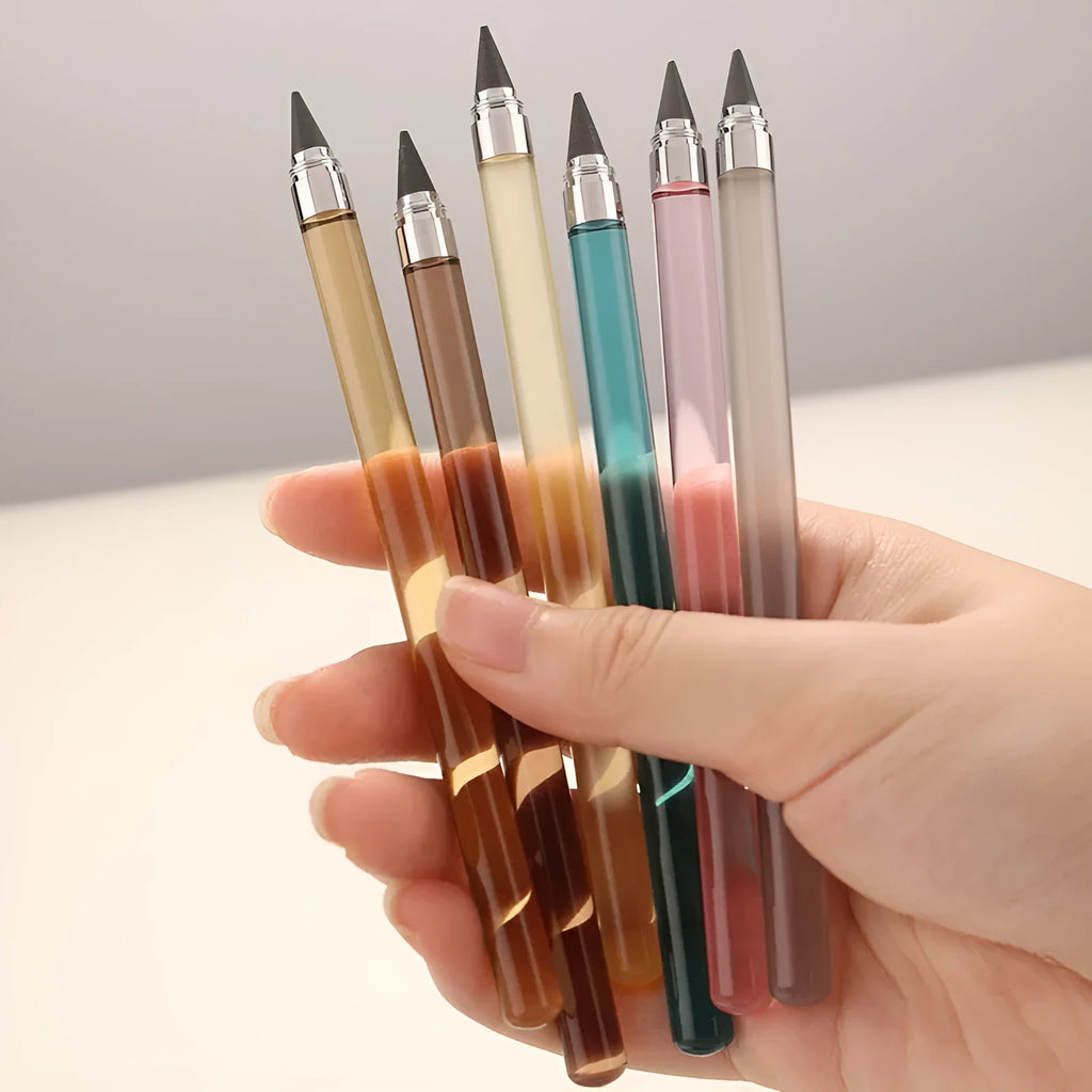 Transparent acrylic mechanical pencil with alloy nib, shown with coloured refill leads.