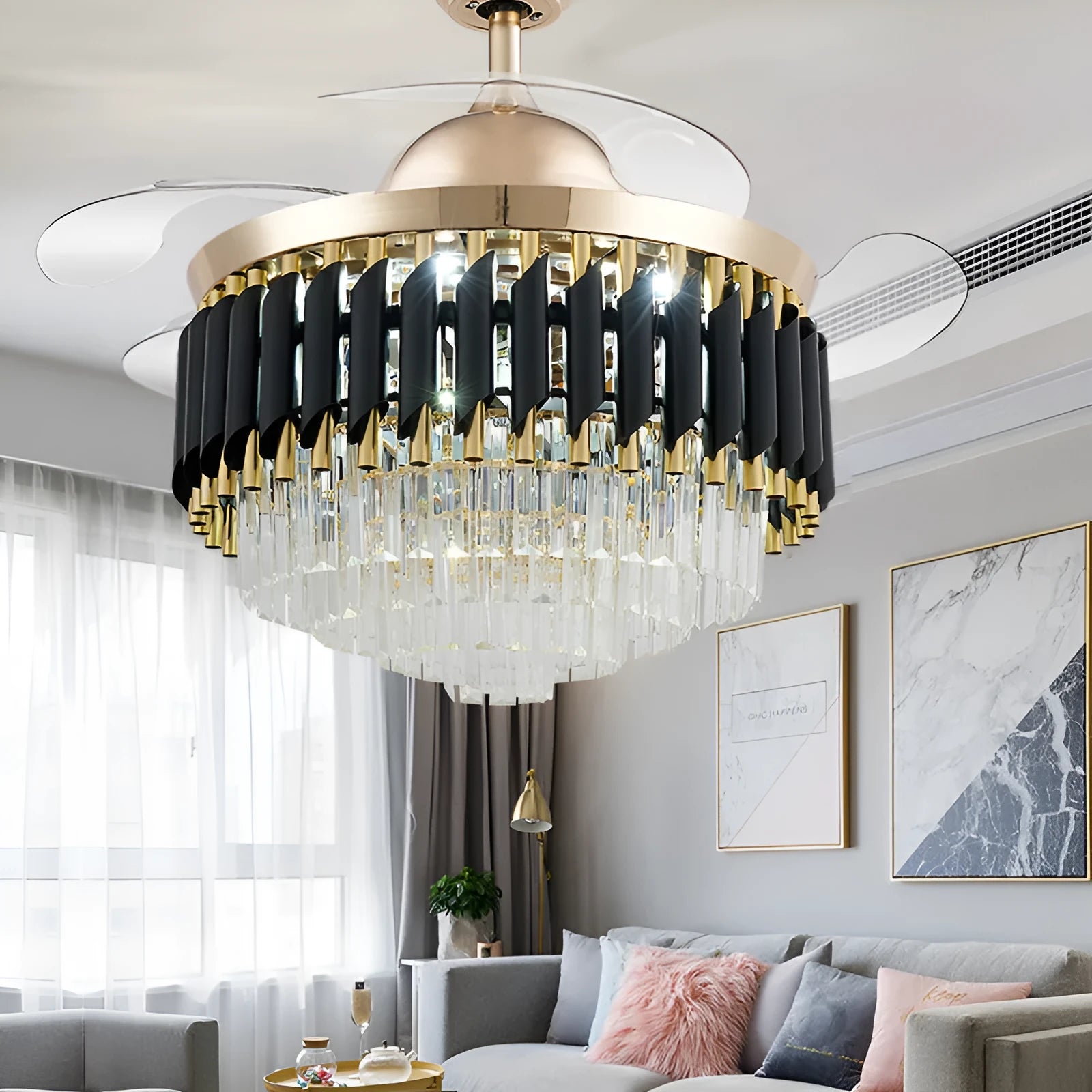 Crystal ceiling fan light with LED illumination and remote control in 42 or 48 inch diameter options