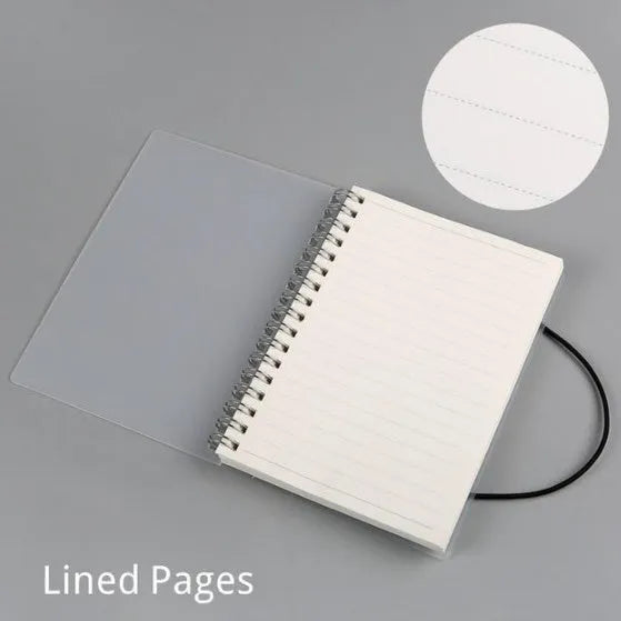Transparent PVC cover spiral notebook with elastic rope closure, 80 sheets of cream paper, A5 or A6 size