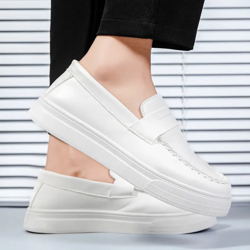 British style round toe casual shoes in PU leather, shown in white, black and white, and khaki colour options.