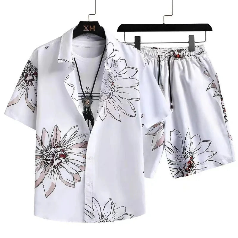Men's casual suit with digital printing on cardigan shirt and matching shorts