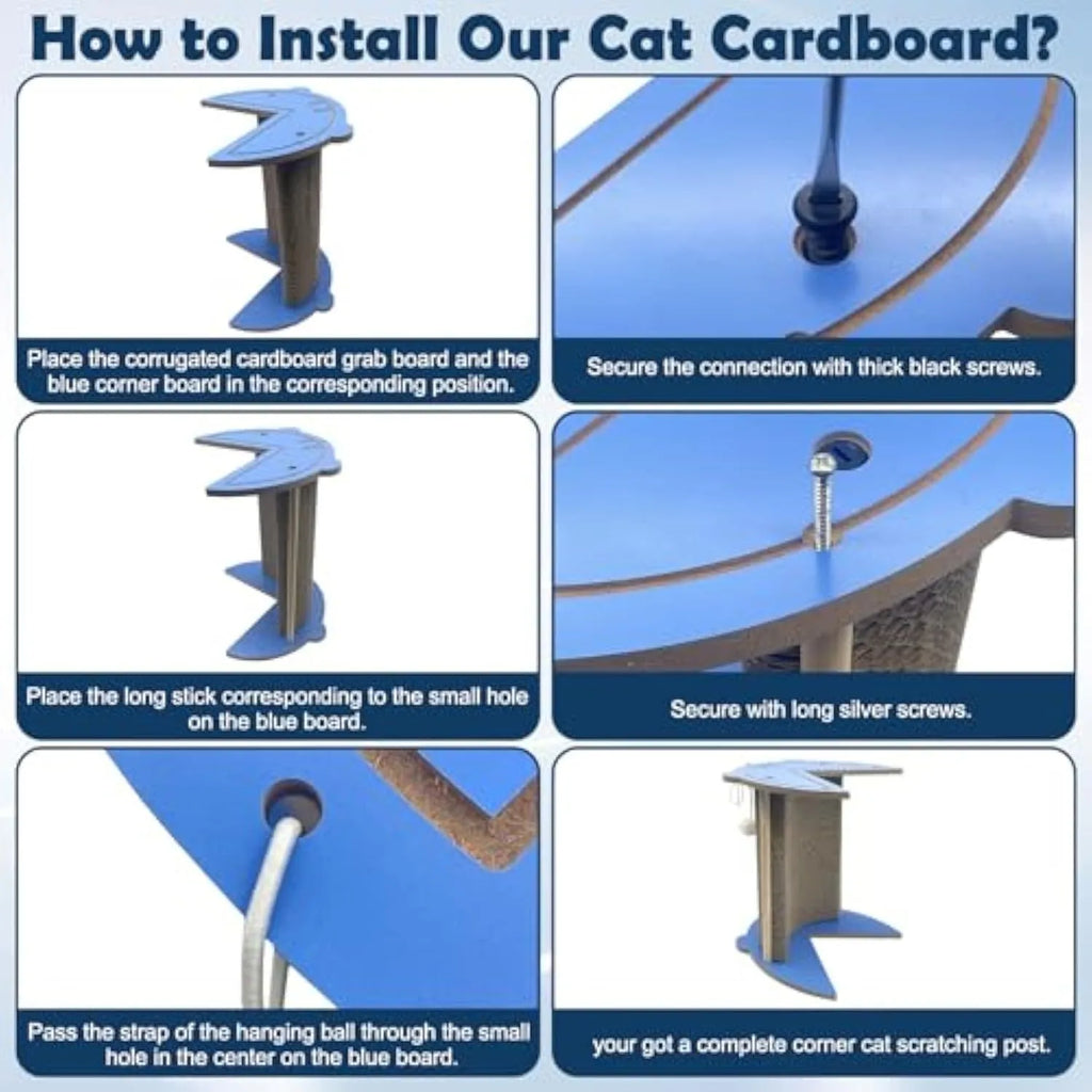 Triangular cardboard cat corner scratcher with hanging ball toy against wall