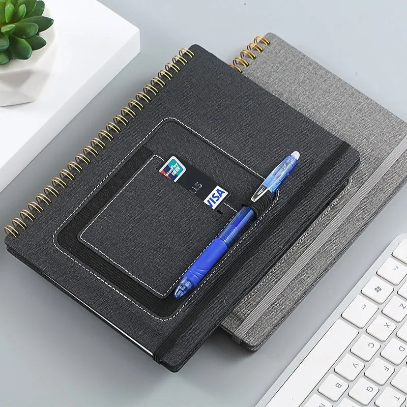 Erasable coil notebook with customisable cover options including black, blue, brown, red, sky blue and wood grain finishes