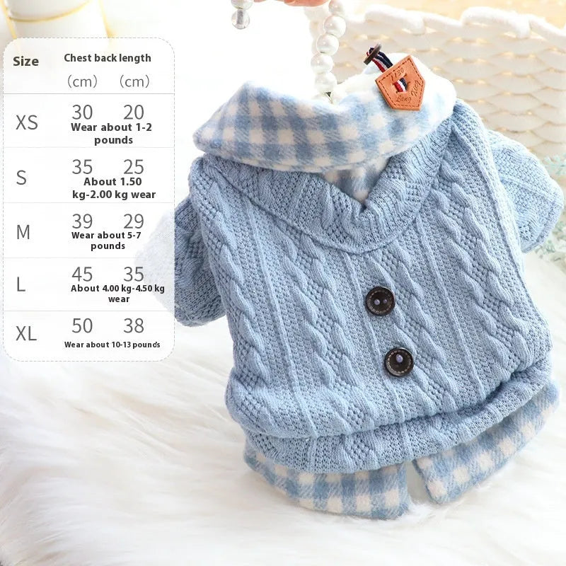 Blue wool plaid dog sweater with fake two-piece design fleece-lined for warmth