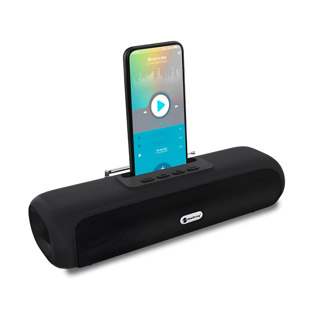 Wireless long strip desktop subwoofer speaker in black, blue, red, or silver grey colour.