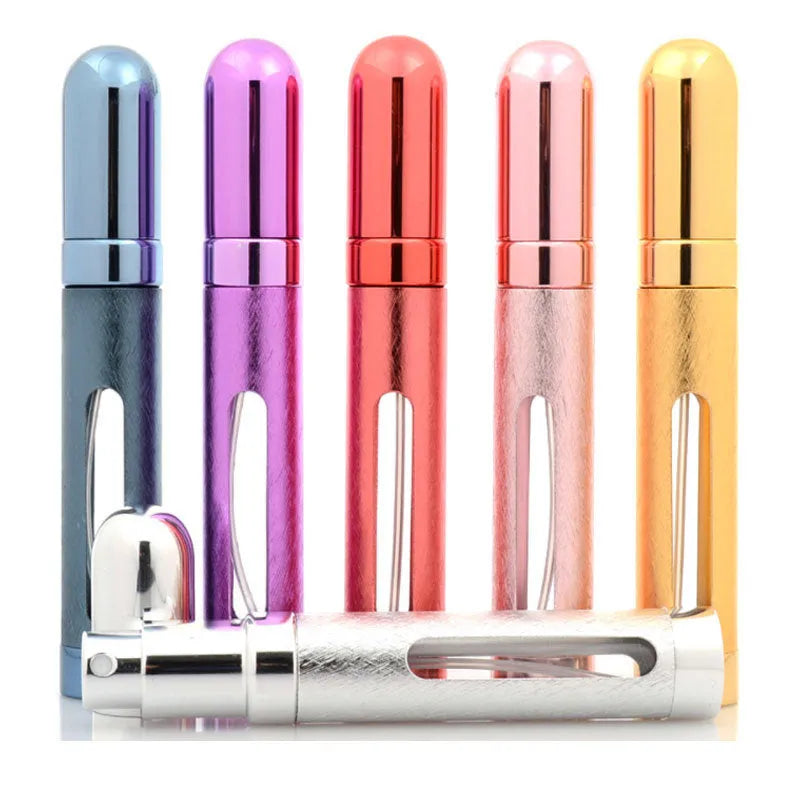 Slim 12ml aluminium bullet-style travel perfume atomiser bottle in a choice of metallic colours.
