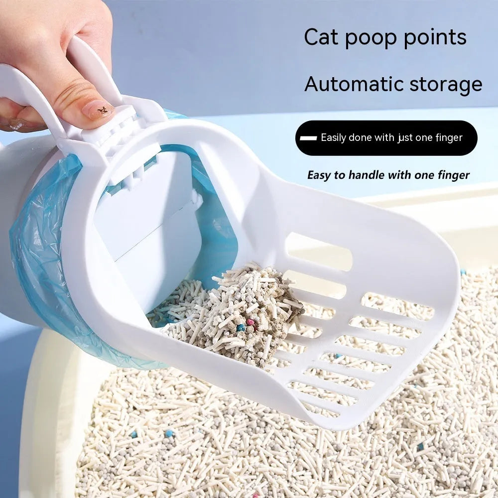 Grey, blue, and green self-cleaning cat litter scoop with attached waste collection bin in folded and unfolded positions