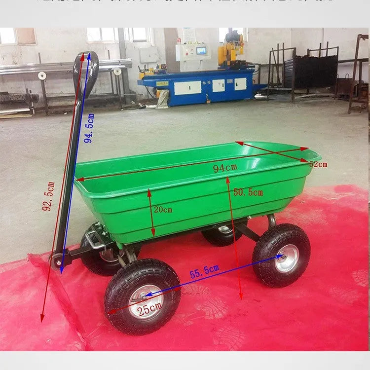 Green four-wheel plastic dump truck with steel frame and 940mm length body