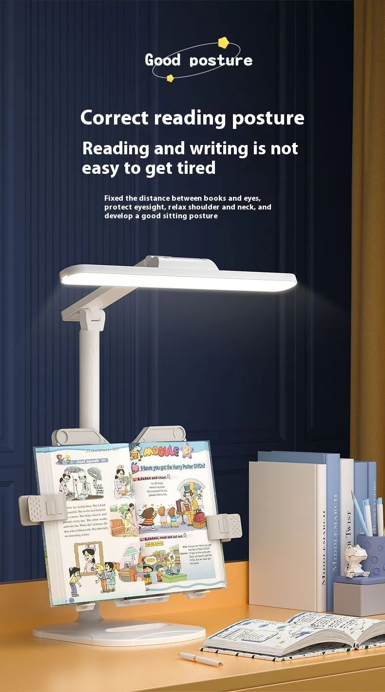 Adjustable multifunctional table lamp with a reading light on a bookshelf, showing dual power and colour temperature controls.