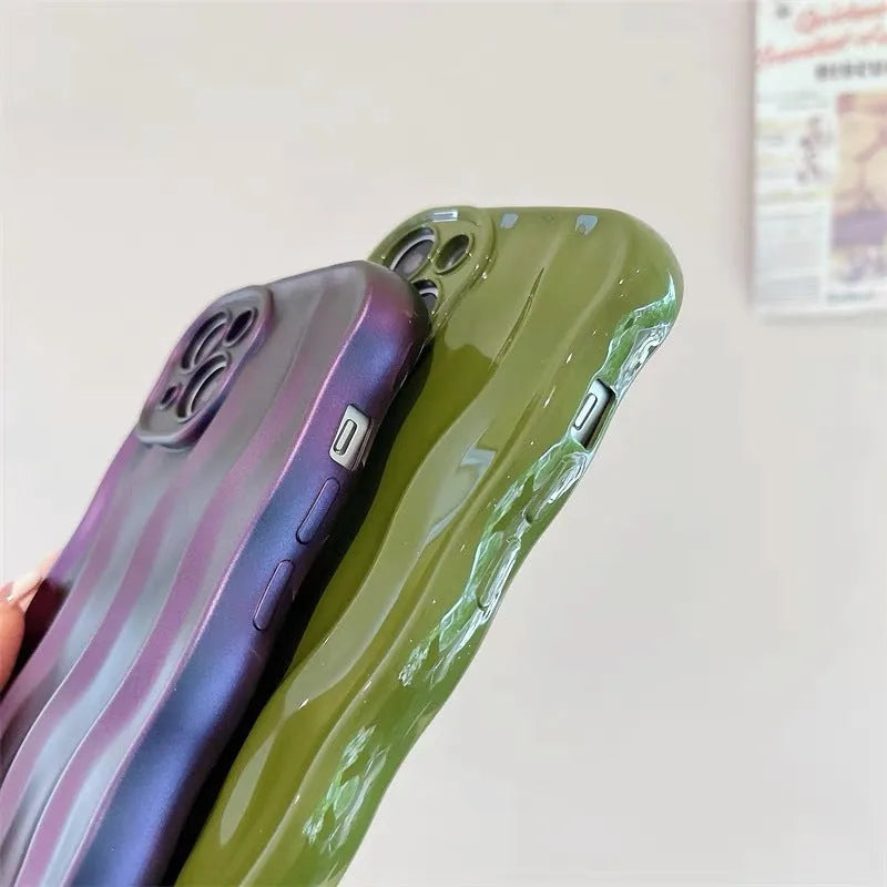 Silicone iPhone 17 mobile phone case with textured water ripple surface in wavy green colour