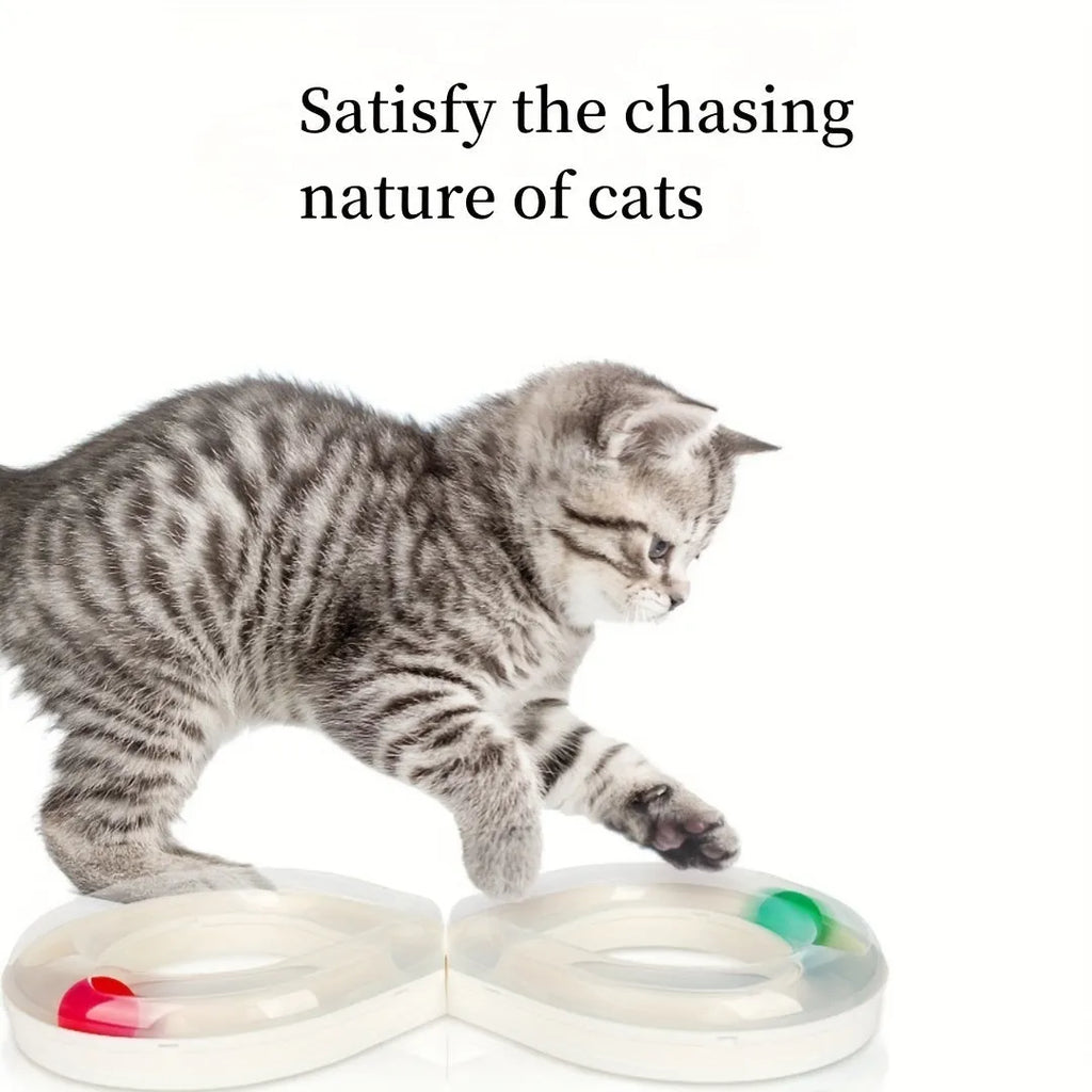 Blue and white cat interactive toy with turntable track ball and teasing stick on flat surface