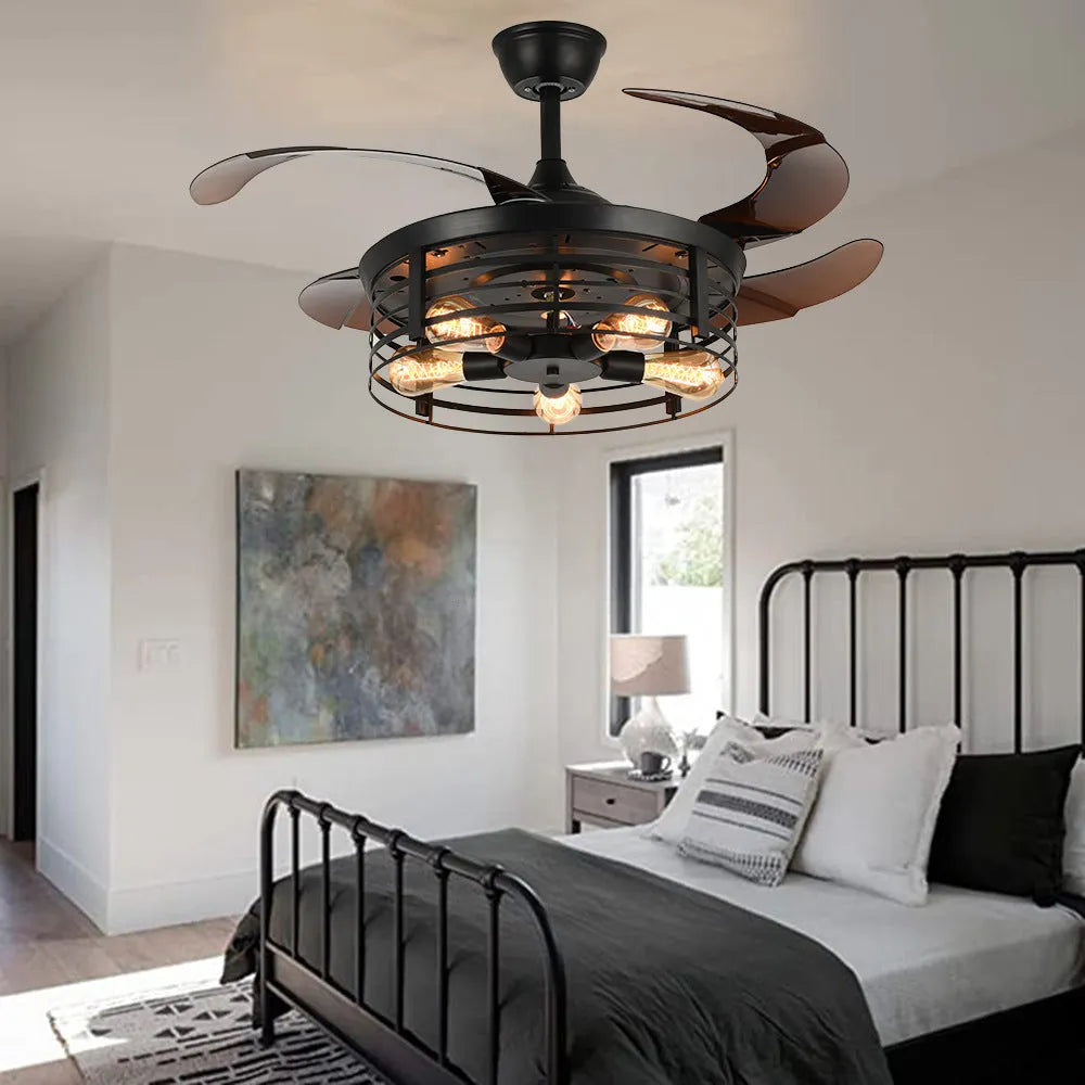 American retro ceiling fan lamp with invisible acrylic blades and integrated light fixture
