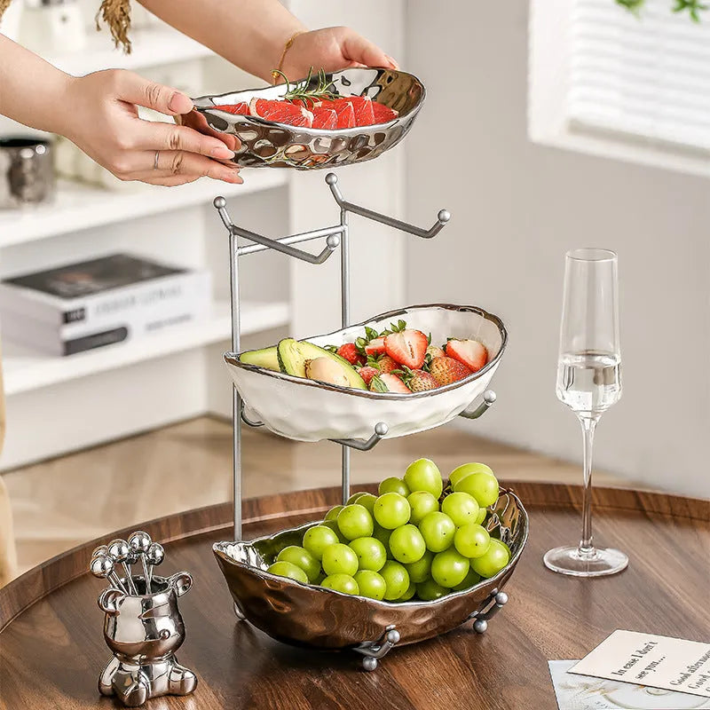 Multi-layer light luxury ceramic fruit tray with gold electroplated stone texture finish