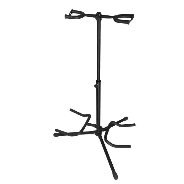 Black vertical double-headed adjustable guitar stand for electric and acoustic instruments